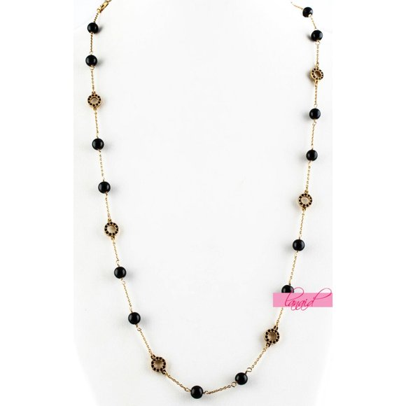 J. Crew Jewelry - J. Crew Gold Black Beads Beaded Rhinestone Crystals Chain Sparkly Long Necklace